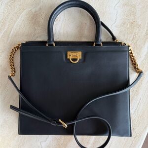 Salvatore Ferragamo Black Satchel/ Crossbody with Gold Accents Leather New